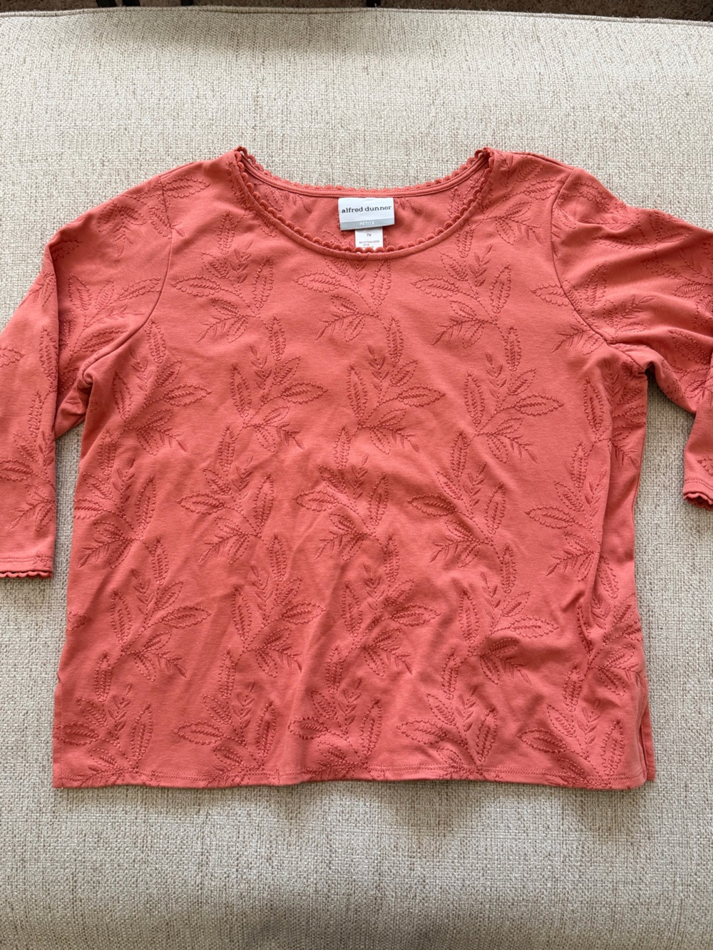 Alfred Dunner Coral Leaf-Detail Long Sleeve Top Removable Necklace